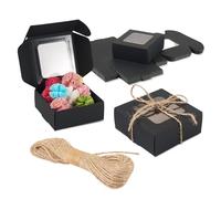 Beadthoven - 20 cajas cuadradas de PVC transparente para ventana, cajas de embalaje de papel negro con cordones de yute, caja de pastelería para bodas, fiestas, dulces, galletas, pasteles