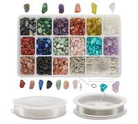 Beadthoven 900 piezas de 15 colores de 5~8 mm, cuentas de piedra irregular con ganchos para pendientes, alfileres de ojo, alambre de cobre de 0,8 mm, hilo de cristal elástico para producir joyería
