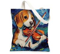 Beagle - Bolsa de lona para compras de 13 x 15 pulgadas, diseño de estrellas y violín nocturno, reutilizable, para mujeres, mascotas, cachorros, decoración de regalo