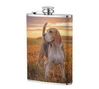 Beagle Césped Perros En Un Paseo Mascotas Perros Atardecer,Frasco de acero inoxidable 304 de 8 oz con funda de cuero sintético, frasco de bolsillo para licor plano para exteriores