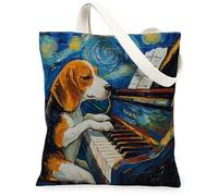 Beagle Dog - Bolsa de lona para compras, 13 x 15 pulgadas, diseño de piano nocturno de estrellas, reutilizable, bolsa de comestibles para mujeres, mascotas, cachorros, trabajo, viajes, pintura