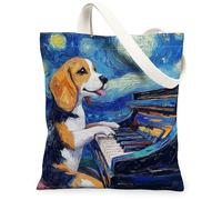 Beagle Dog - Bolsa de lona para compras, 13 x 15 pulgadas, diseño de piano nocturno de estrellas, reutilizable, para mujeres, mascotas, cachorros, trabajo, viajes, decoración de regalo