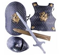 BEAHING 4 unids/Set Traje de Caballero Medieval para niños, Armadura de patrón de dragón con Casco, Escudo, Espada para Juego de rol, Cosplay, Halloween