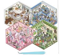 BEAHING Libro de Pegatinas para habitación, 4 Juegos de Dibujos Animados en 3D, Escena de heladería, Cabina, Loft, Pegatinas de casa DIY con Pinzas para niños Adultos