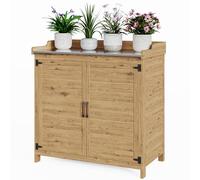 Bealife Mesa de Cultivo con Armario,Mesa de Exterior para Macetas, Armario de Jardín con Encimera y Estante Móvil para Jardín, Balcón, Terraza, 98 x 48 x 95 cm, Natural
