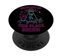 Beam Me Up This Place Apesta UFO City Humor Retro Space PopSockets PopGrip Adhesivo