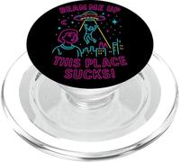 Beam Me Up This Place Apesta UFO City Humor Retro Space PopSockets PopGrip para MagSafe