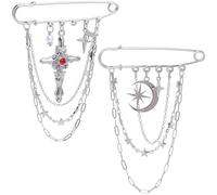BEAMARKER 1 Caja de 2 Estilos de Imperdibles de Luna, Alfiler de Ropa Cruzado, Broches de Borla de Estrella de Pascua de Aleación de Acero Inoxidable de Plateado con Cadena de Latón para Vestidos, Pa