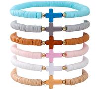 BEAMARKER 6 pulsera Elástica de Arcilla Polimérica con Cuentas Cruzadas Y Arcoíris Bohemias, Juego de Pulseras Surferas Heishi para Mujer, Accesorios de Amistad Coloridos Apilables En Capas para Playa