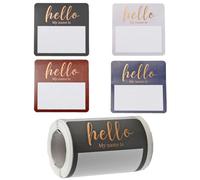 BEAMARKER Etiquetas Adhesivas para Nombre, 100 Unidad, Hola, Mi Nombre Es, 2.5 x 2.5 Pulgadas, Lámina Dorada, Perforadas, Grabables, Impermeables, Rollo de Etiquetas, Negro, Azul, Rojo Y Gris, para