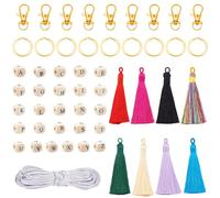 BEAMARKER Kit para Hacer Llaveros con Borlas, Cuentas de Madera con Letras, Cierre de Langosta Giratorio de Aleación, Llaveros Dorados Divididos, Hilo de Nailon de 330mm, Borlas de Colores para Manua
