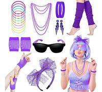 Beamely Años 80s Accesorios Mujeres y Niñas, 1980 Ropa Extraña de Ropa Para Vestidos de Lujo Collar de Piernas Calientes de Neón Brazalete Guantes de Red de Pesca Encaje Lazo Pendientes Gafas de Sol