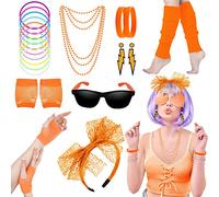 Beamely Años 80s Accesorios Mujeres y Niñas, 1980 Ropa Extraña de Ropa Para Vestidos de Lujo Collar de Piernas Calientes de Neón Brazalete Guantes de Red de Pesca Encaje Lazo Pendientes Gafas de Sol