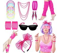 Beamely Años 80s Accesorios Mujeres y Niñas, 1980 Ropa Extraña de Ropa Para Vestidos de Lujo Collar de Piernas Calientes de Neón Brazalete Guantes de Red de Pesca Encaje Lazo Pendientes Gafas de Sol