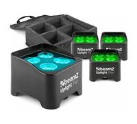 BeamZ BBP90 - Pack 4 unidades con maleta AC470 - 4 Foco Par Led batería 4 x 4W RGB-UV, mando IR, DMX 7ch RJ45 con adaptador XLR, 1077 lx, 24°, hasta 20h, recarga 3h, IP20 - Color negro