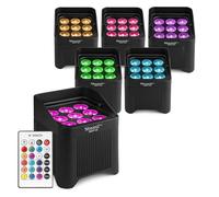 BeamZ Professional BBP48 - Pack de 6 focos uplight con batería 9x12W LED RGBWA-UV IP65 para exterior e interior, DMX inalámbrico y mando, luces fiesta para DJ, discoteca o eventos - Color negro