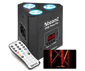 Beamz TP36 Foco Uplight PAR- 3 leds de 4W RGB-UV, control por DMX, modo autónomo, función automático, maestro/esclavo, mando a distancia incluido, perfecto para iluminación de salas o arquitectónica