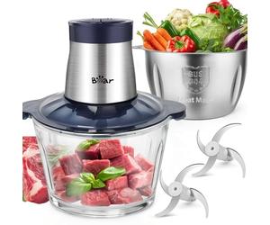 Bear 2L+1.8L Picadora eléctrica, 600 W 2 ajustes de velocidad, picadora con 4 cuchillas de acero inoxidable y picadora de carne, recipiente de cristal Picadora para carne, alimentos para niños