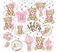 Bear Baby Shower - Remolinos colgantes para fiestas con texto en inglés «We Can Bearly Wait», serpentinas de techo, decoraciones de oso para baby shower, 20 unidades, decoraciones colgantes para niñas