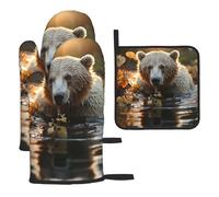 Bear Crossing The River - Juego de 3 guantes de horno resistentes al calor, almohadillas calientes extra gruesas, manoplas de cocina largas para cocinar, hornear, asar regalos