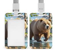 Bear Crossing The River - Soporte para tarjetas de identificación con cordón de separación, funda protectora vertical de plástico transparente, impermeable y resistente, soporte para etiquetas de