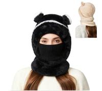 Bear Mask Cap,3 in 1 Plush Bear Hat with Scarf & Mask,Fuzzy Bears Ears Balaclava Ski Masks,Winter Windproof Warm Knit Beanie (Black-Adult)