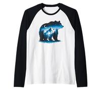 Bear Silhouette Night Landscape Montaña Naturaleza Fauna Camiseta Manga Raglan