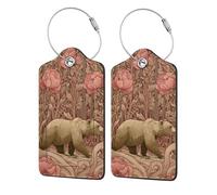 Bear Walking Through The Forest - Etiqueta de equipaje beige rosa para maleta, paquete de 2 etiquetas de equipaje de cuero con solapa de privacidad, etiqueta de identificación de nombre y lazo de
