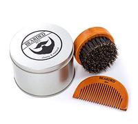 BEARDED BEN - Cepillo para Barba con Cerdas de Jabalí - Para Cuidado de la Barba - Set con Caja de Almacenamiento con Peine de Barba y Teca Marrón - Diámetro 6.3 cm