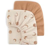 Bearmoss Set de 2 Sabanas Cuna 60x120cm 100% Algodon Muselina de Sábana Bajera para Cuna de Bebé Suave y Transpirable Sabanas de Algodón Bebe para Cunas (Luna marrón, 60x120cm)