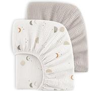 Bearmoss Set de 2 Sabanas Cuna 70x140cm 100% Algodon Muselina de Sábana Bajera para Cuna de Bebé Suave y Transpirable Sabanas de Algodón Bebe para Cunas(Luna Gris, 70x140cm)