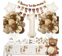 Beary - Decoraciones de primer cumpleaños, decoraciones de primer cumpleaños para niños y niñas, decoraciones de fiesta temática de primer oso con globos, platos de papel, tazas, manteles, suministros