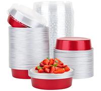 Beasea Mini latas desechables para tartas con tapas, paquete de 100 latas de aluminio rojo brillante para hornear de 4 pulgadas, 8 onzas, recipiente redondo pequeño para postres individuales,