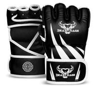 BEAST RAGE Guantes de MMA de alta calidad hechos a mano,Mitones de agarre duraderos de palma abierta para JJB, UFC,Sparring y Kickboxing (negro/blanco, L/XL)