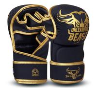 BEAST RAGE Guantes de MMA para Hombres y Mujeres, Soporte de muñeca Ajustable, Palma Abierta, Guantes de Artes Marciales, Lucha para Muay Thai, Lucha en Jaula, Combate, Taekwondo (Golden, L/XL)