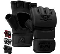 BEASTRAGE MMA Guantes para Hombres y Mujeres, Artes Marciales Mitones Grappling Sparring, Palma ventilada, Cuero Vegano, Cage Fighting, Muay Thai, Kick Boxing (L, Negro)