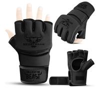 BEASTRAGE MMA Guantes para Hombres y Mujeres, Artes Marciales Mitones Grappling Sparring, Palma ventilada, Cuero Vegano, Cage Fighting, Muay Thai, Kick Boxing (XL, Negro)