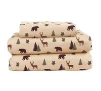 Beatrice Home Fashions Cozy Cabin - Juego de sábanas de Microfibra de 3 Piezas con Bolsillos Profundos, diseño rústico a Cuadros, Ciervo, marrón, marrón y Verde
