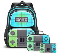 Beaulyn Mochila escolar para niños, mochila escolar de gamer para niños de primaria y secundaria, mochila de videojuegos de 17 pulgadas para laptop, Game-tealgreen-3pcs, 3Pcs Backpack Set, Mochila