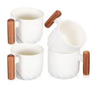 Beaupretty 4 Piezas Tazas de Café de Cerámica en Color Blanco con Mango de Madera, Diseño Minimalista y Cómodo Agarre, Resistentes para Uso Diario en Oficina y Hogar, Set