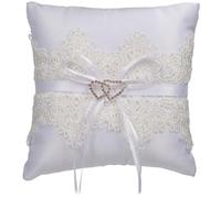 Beaupretty Cojín para Anillos de Boda Blanco Encaje Calado y Doble Corazón, Almohada para Portador de Anillos de Ceremonia, Adorno Romántico para Bodas y Fiestas, Tamaño Mediano