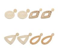 Beaupretty Pendientes Largos para Mujer y Niña Estilo Bohemio Diseño Geométrico, Tejidos a Mano en Ratán y Madera, Elegantes y Atractivos para Uso Diario y Playa, 4 Pares