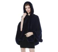 BEAUTELICATE Capa con Capucha de Punto Cárdigan Mujer Invierno Chal de Piel Sintética Estola de Poncho Lana Abrigo Boleros para Bodas Fiesta Navidad (Azul Marino)