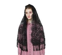 BEAUTELICATE Mantilla De Encaje Española Mujer Velo de Capilla Católica Chal Estola Con Flecos Pañuelo Bufanda Bordado