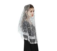 BEAUTELICATE Velo de Encaje con Flecos Mantilla Pañuelo Chal Mujer para Iglesia Adoración Misa Capilla Católica Boda Fiesta V118 (Verde Y Rosa)