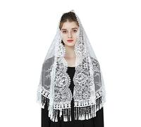 BEAUTELICATE Velo de Encaje con Flecos Mantilla Pañuelo Chal Mujer para Iglesia Adoración Misa Capilla Católica Boda Fiesta V118 (Blanco)