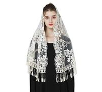 BEAUTELICATE Velo de Encaje con Flecos Mantilla Pañuelo Chal Mujer para Iglesia Adoración Misa Capilla Católica Boda Fiesta V118 (Champán)