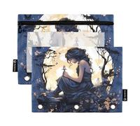 Beautiful Girl with Moon - Estuche para lápices para carpeta de 3 anillos, bolsa con cremallera con ventana transparente para oficina, paquete de 2, multicolor, one sizex2, Estuche para lápices