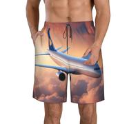 Beautiful Sky Airplane Print Summer Men Beach Shorts Swim Trunks Lightweight Stretch Vacation Outdoor Travel, Blanco, Medium Short