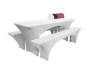 Beautissu Juego de 3 Fundas de Mesa para Juego de cervecería Victoria - Fundas elásticas de Mesa y Bancos Picnic de 220x70 cm y 2 Bancos Blanco